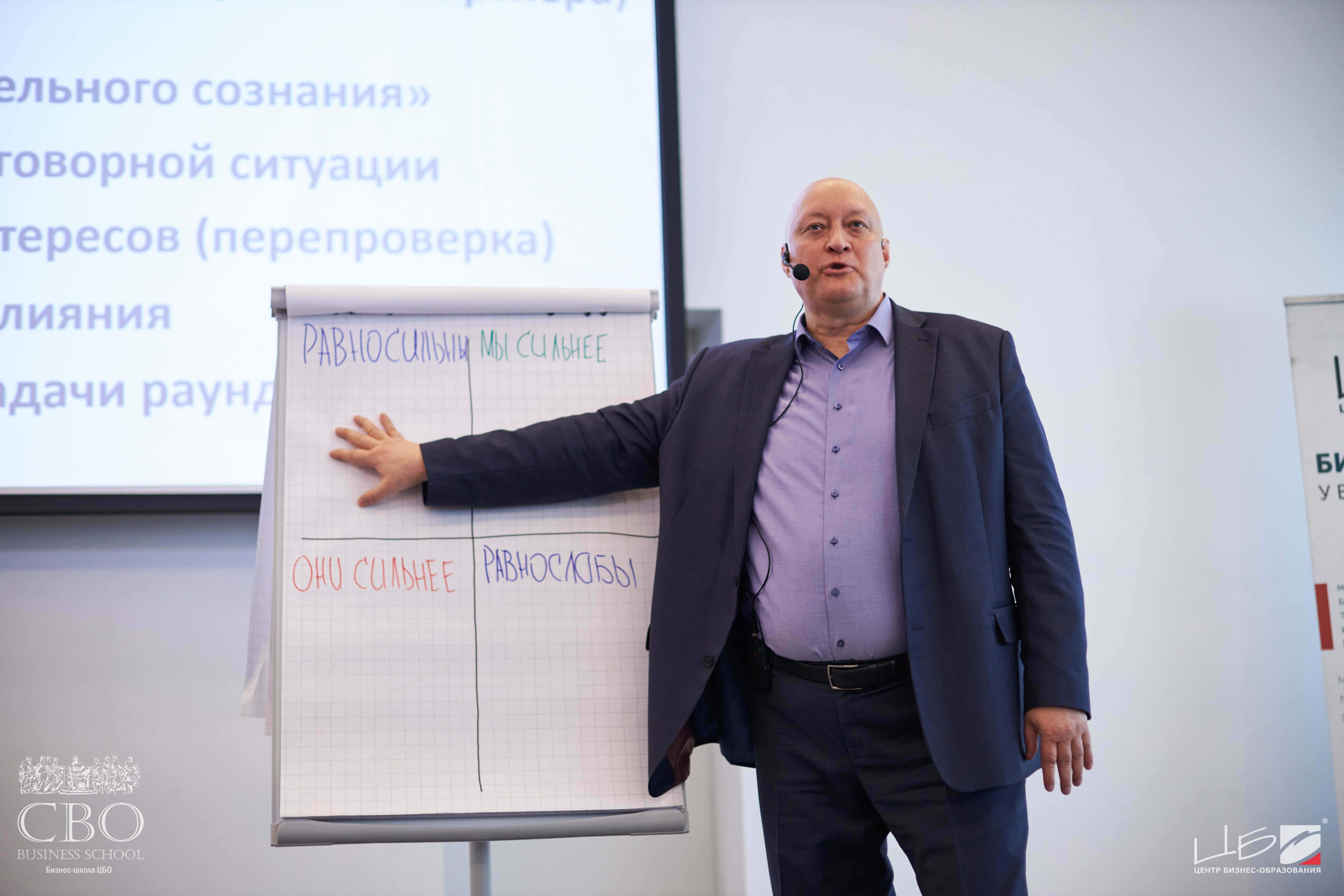 Программа MBA Бизнес-школа ЦБО Спикер ведет лекцию и указывает на доску